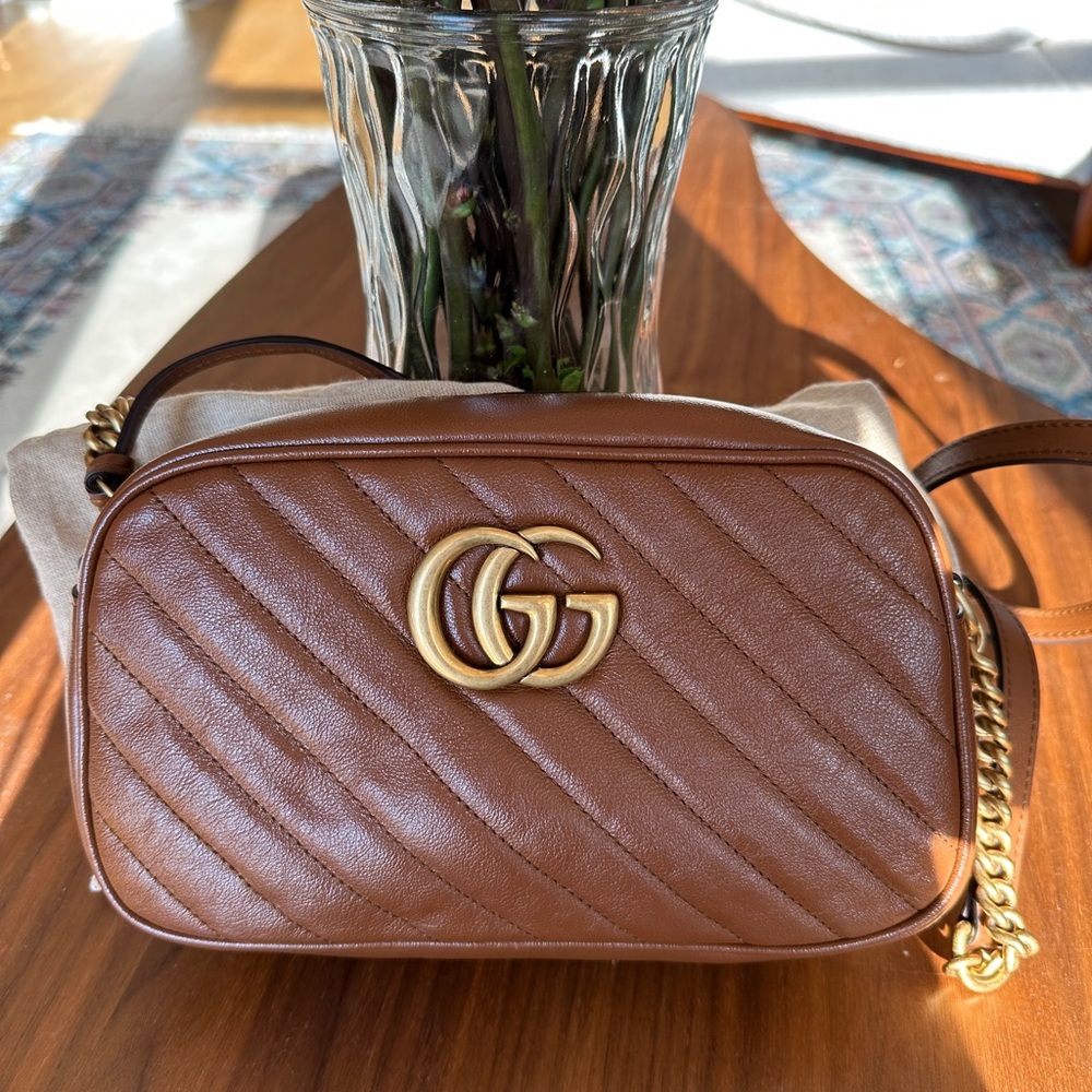 Gucci Small Matelassé Marmont Camera Bag in Camel - NWT Authentic